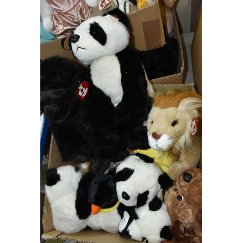 594 - THREE BOXES OF TY CLASSIC SOFT TOYS, to include Pandas, Lions, Rabbits, Bears, etc.  majority appear... 