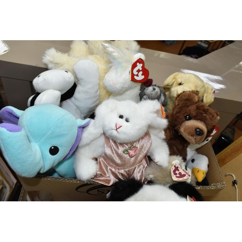 594 - THREE BOXES OF TY CLASSIC SOFT TOYS, to include Pandas, Lions, Rabbits, Bears, etc.  majority appear... 