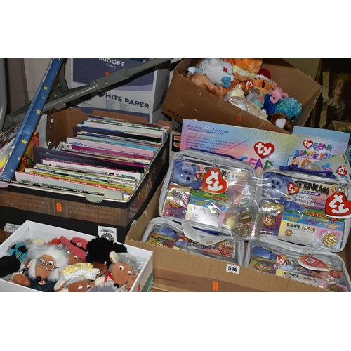 596 - SEVEN BOXES OF SEALED PACKS OF MACDONALD'S BEANIE BABIES AND SEALED PLATINUM MEMBERSHIP COIN PACKS, ... 