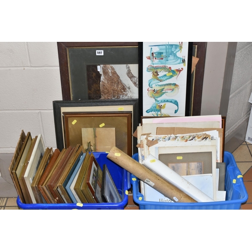 597 - TWO BOXES AND LOOSE PAINTINGS AND PRINTS ETC, to include a small quantity of loose watercolours, ind... 