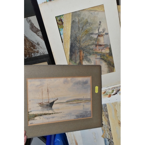 597 - TWO BOXES AND LOOSE PAINTINGS AND PRINTS ETC, to include a small quantity of loose watercolours, ind... 