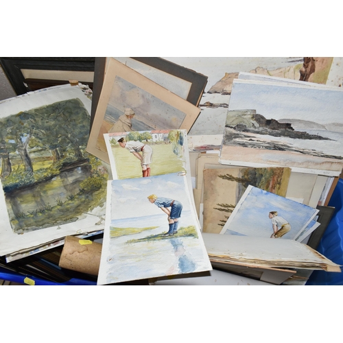 597 - TWO BOXES AND LOOSE PAINTINGS AND PRINTS ETC, to include a small quantity of loose watercolours, ind... 