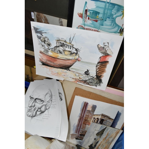 597 - TWO BOXES AND LOOSE PAINTINGS AND PRINTS ETC, to include a small quantity of loose watercolours, ind... 