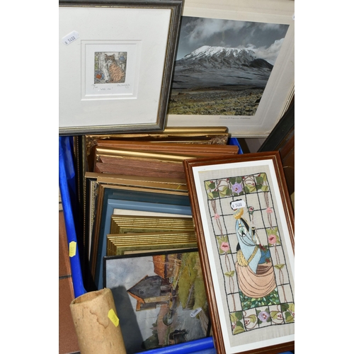 597 - TWO BOXES AND LOOSE PAINTINGS AND PRINTS ETC, to include a small quantity of loose watercolours, ind... 