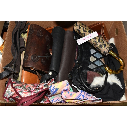 598 - TWO BOXES AND ONE RAIL OF VINTAGE CLOTHING AND ACCESSORIES, to include belts, scarves, handbags and ... 