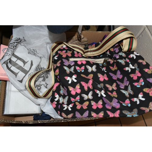 598 - TWO BOXES AND ONE RAIL OF VINTAGE CLOTHING AND ACCESSORIES, to include belts, scarves, handbags and ... 