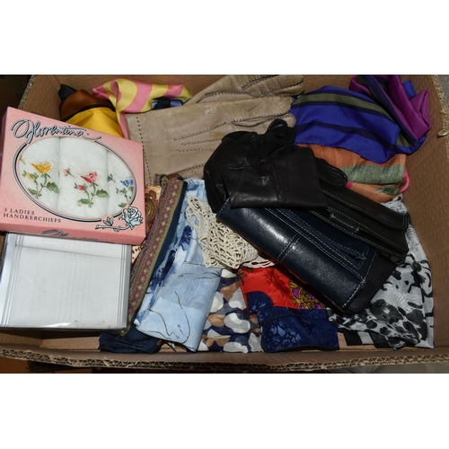 598 - TWO BOXES AND ONE RAIL OF VINTAGE CLOTHING AND ACCESSORIES, to include belts, scarves, handbags and ... 