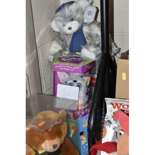 599 - THREE BOXES OF COLLECTABLE SOFT TOYS, to include two boxed and unused Furbies, a boxed limited editi... 