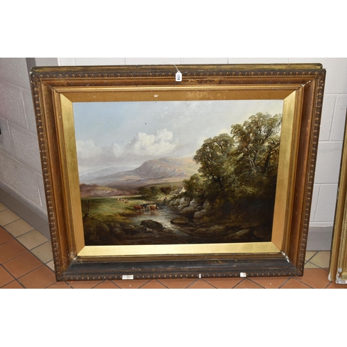 604 - A 19TH CENTURY ENGLISH SCHOOL PICTURESQUE LANDSCAPE, depicting cattle wading in a stream with female... 