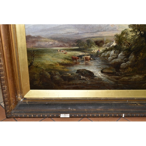 604 - A 19TH CENTURY ENGLISH SCHOOL PICTURESQUE LANDSCAPE, depicting cattle wading in a stream with female... 