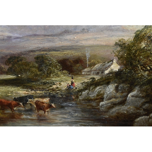 604 - A 19TH CENTURY ENGLISH SCHOOL PICTURESQUE LANDSCAPE, depicting cattle wading in a stream with female... 