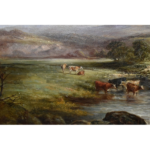 604 - A 19TH CENTURY ENGLISH SCHOOL PICTURESQUE LANDSCAPE, depicting cattle wading in a stream with female... 