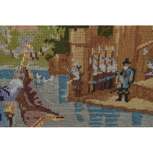 605 - A LATE VICTORIAN TAPESTRY, of a 17th Century scene of Royalty in a boat approaching a jetty, the gil... 