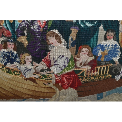 605 - A LATE VICTORIAN TAPESTRY, of a 17th Century scene of Royalty in a boat approaching a jetty, the gil... 