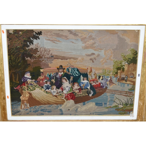 605 - A LATE VICTORIAN TAPESTRY, of a 17th Century scene of Royalty in a boat approaching a jetty, the gil... 