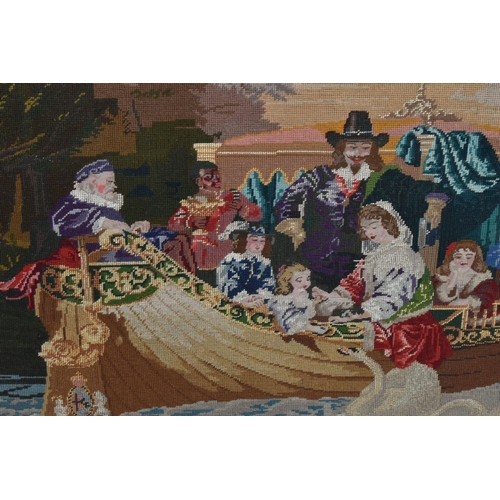 605 - A LATE VICTORIAN TAPESTRY, of a 17th Century scene of Royalty in a boat approaching a jetty, the gil... 