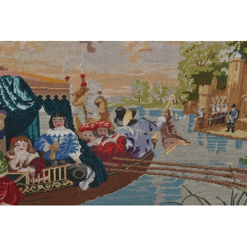 605 - A LATE VICTORIAN TAPESTRY, of a 17th Century scene of Royalty in a boat approaching a jetty, the gil... 