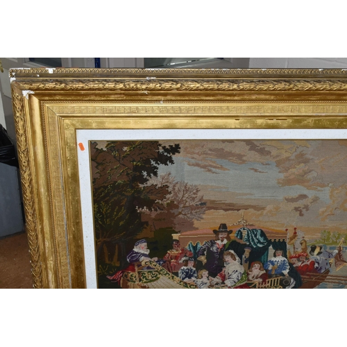 605 - A LATE VICTORIAN TAPESTRY, of a 17th Century scene of Royalty in a boat approaching a jetty, the gil... 