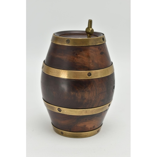 125A - A VICTORIAN BRASS BOUND LIGNUM VITAE NOVELTY STRING BOX IN THE FORM OF A BARREL, screw off base, hei... 