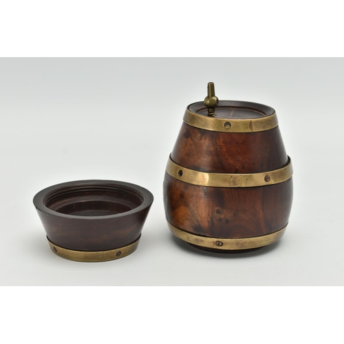 125A - A VICTORIAN BRASS BOUND LIGNUM VITAE NOVELTY STRING BOX IN THE FORM OF A BARREL, screw off base, hei... 