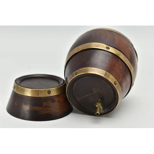 125A - A VICTORIAN BRASS BOUND LIGNUM VITAE NOVELTY STRING BOX IN THE FORM OF A BARREL, screw off base, hei... 