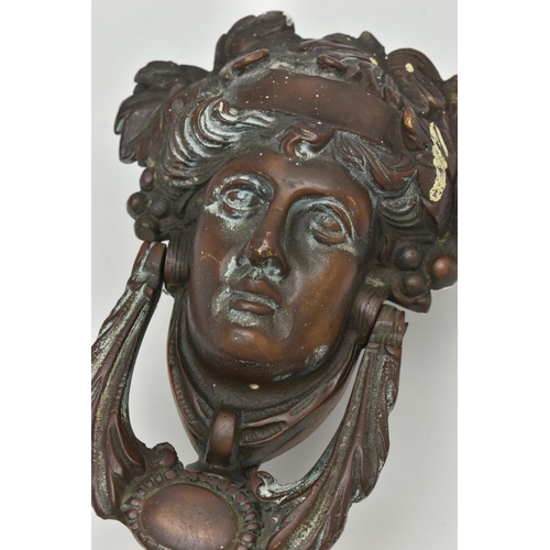 150A - A LATE VICTORIAN NEO-CLASSICAL STYLE BRONZE DOOR KNOCKER IN THE FORM OF A FEMALE MASK, height 18cm (... 