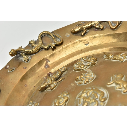 225A - A LATE 19TH CENTURY BRASS PLATTER APPLIED WITH CAST BRASS REPTILES, INSECTS, ANIMALS AND FIGURES, in... 