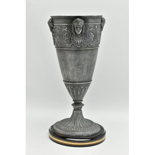 375A - A LATE VICTORIAN BRITANNIA METAL / SPELTER OIL LAMP BASE, cast with two Egyptian busts and raised fo... 