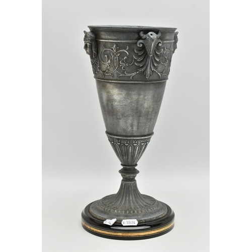 375A - A LATE VICTORIAN BRITANNIA METAL / SPELTER OIL LAMP BASE, cast with two Egyptian busts and raised fo... 