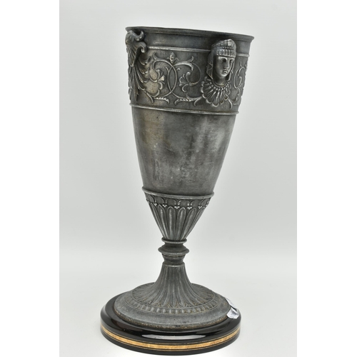 375A - A LATE VICTORIAN BRITANNIA METAL / SPELTER OIL LAMP BASE, cast with two Egyptian busts and raised fo... 