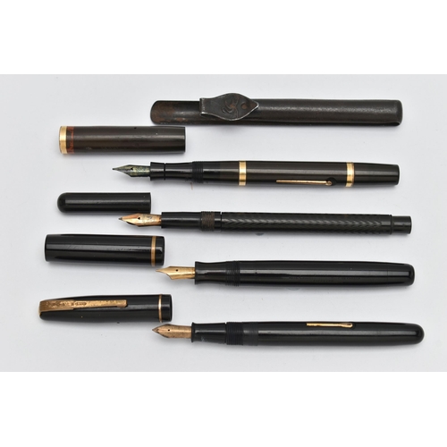 380A - FOUR VINTAGE PENS AND A SWAN BRAND STEEL POCKET PEN CLIP, the pens comprising a Swan self-filler Mab... 