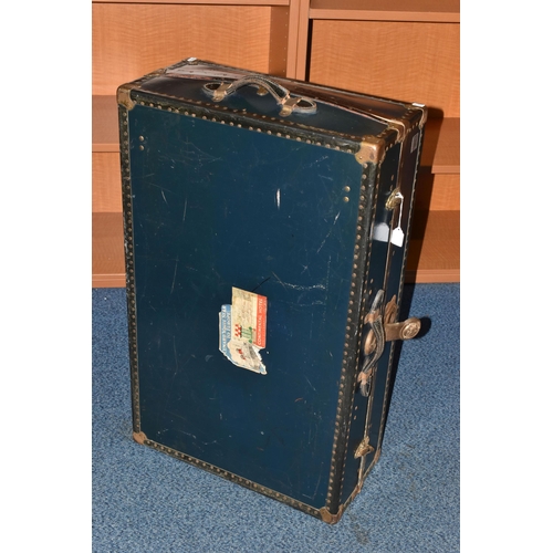 390A - A VINTAGE 'WATAJOY' DARK BLUE LEATHER MOUNTED CABIN TRUNK WITH CUNARD WHITE STAR TO EUROPE LABEL TO ... 