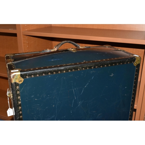 390A - A VINTAGE 'WATAJOY' DARK BLUE LEATHER MOUNTED CABIN TRUNK WITH CUNARD WHITE STAR TO EUROPE LABEL TO ... 