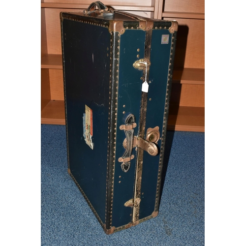 390A - A VINTAGE 'WATAJOY' DARK BLUE LEATHER MOUNTED CABIN TRUNK WITH CUNARD WHITE STAR TO EUROPE LABEL TO ... 