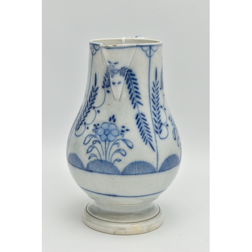 95A - A LATE 18TH CENTURY PEARLWARE PEDESTAL JUG OF BALUSTER FORM, scrolled handle, hand painted in underg... 