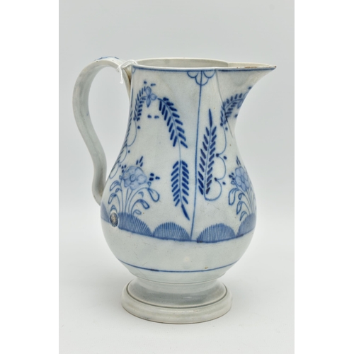 95A - A LATE 18TH CENTURY PEARLWARE PEDESTAL JUG OF BALUSTER FORM, scrolled handle, hand painted in underg... 