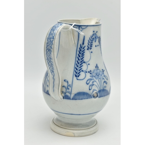 95A - A LATE 18TH CENTURY PEARLWARE PEDESTAL JUG OF BALUSTER FORM, scrolled handle, hand painted in underg... 