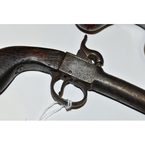 183 - AN ANTIQUE 16 BORE SCREW OFF BARREL BOXLOCK PERCUSSION PISTOL MARKED SMITH LONDON, its barrel is 3''... 