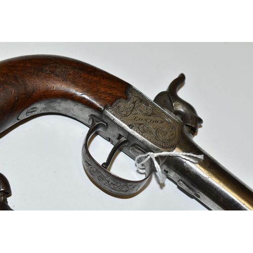 183 - AN ANTIQUE 16 BORE SCREW OFF BARREL BOXLOCK PERCUSSION PISTOL MARKED SMITH LONDON, its barrel is 3''... 