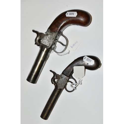 183 - AN ANTIQUE 16 BORE SCREW OFF BARREL BOXLOCK PERCUSSION PISTOL MARKED SMITH LONDON, its barrel is 3''... 