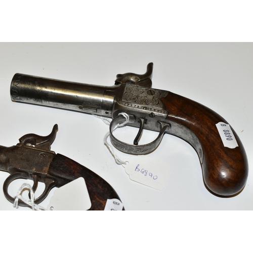 183 - AN ANTIQUE 16 BORE SCREW OFF BARREL BOXLOCK PERCUSSION PISTOL MARKED SMITH LONDON, its barrel is 3''... 