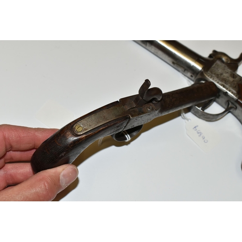 183 - AN ANTIQUE 16 BORE SCREW OFF BARREL BOXLOCK PERCUSSION PISTOL MARKED SMITH LONDON, its barrel is 3''... 