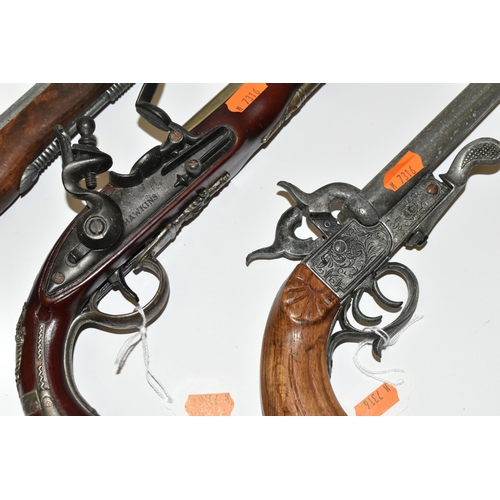 187 - FOUR REPLICA PISTOLS, three based on the flintlock design and one on a double barrel side by side pi... 