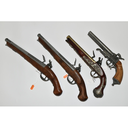 187 - FOUR REPLICA PISTOLS, three based on the flintlock design and one on a double barrel side by side pi... 