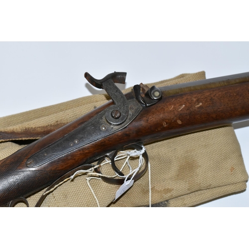 193 - AN ANTIQUE 11 BORE SINGLE BARREL PERCUSSION SHOTGUN FITTED WITH A HIGH QUALITY DAMASCUS 31'' BARREL,... 