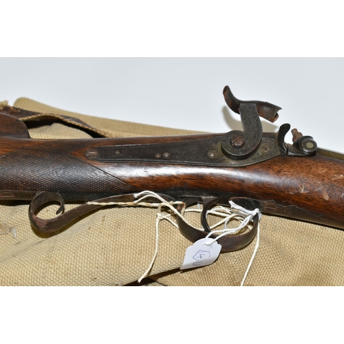 193 - AN ANTIQUE 11 BORE SINGLE BARREL PERCUSSION SHOTGUN FITTED WITH A HIGH QUALITY DAMASCUS 31'' BARREL,... 