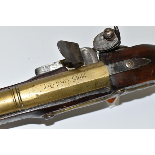 202 - AN OLD REPLICA OF A BRASS BARREL FLINTLOCK BLUNDERBUSS, only bored through for part of its barrel le... 