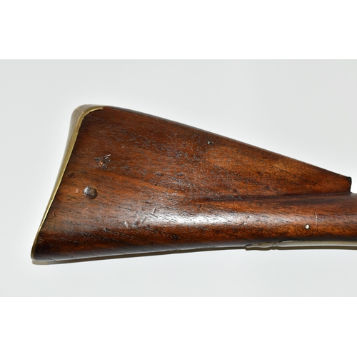 202 - AN OLD REPLICA OF A BRASS BARREL FLINTLOCK BLUNDERBUSS, only bored through for part of its barrel le... 