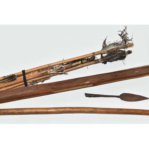 204 - A VERY INTERESTING LONG BOW, ARROWS AND QUIVER OF NATIVE ORIGINS, the quiver is made from a hollowed... 