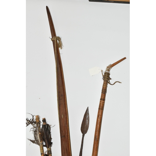 204 - A VERY INTERESTING LONG BOW, ARROWS AND QUIVER OF NATIVE ORIGINS, the quiver is made from a hollowed... 